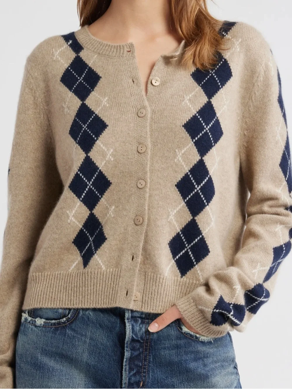 Reformation Women’s Clara Cashmere Cardigan with beige and Navy Diamonds - Picture 1 of 10